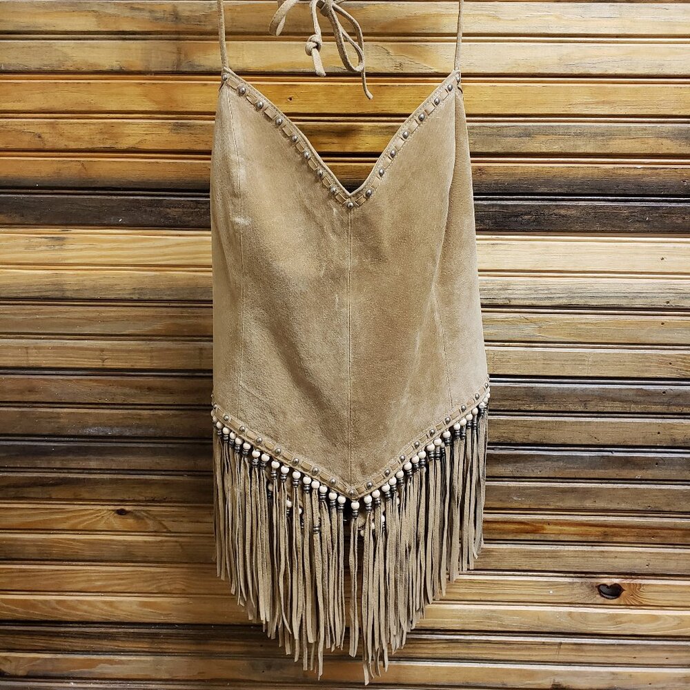 VTG Cripple Creek Women's Tan Suede Fringe Western/Boho Halter Top Bk-Zip Sz XL